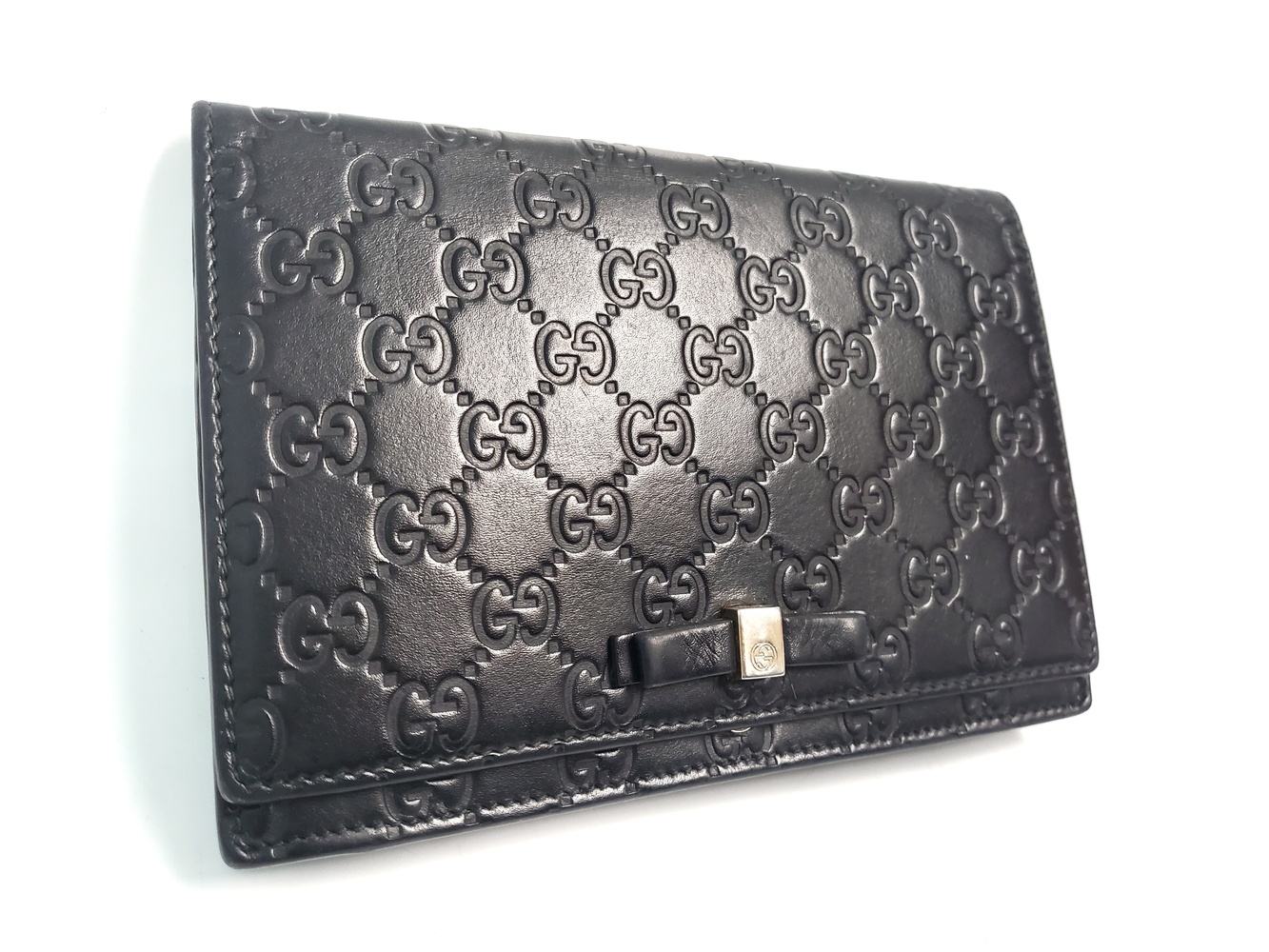 Gucci Black Guccissima Leather Bow Flap Wallet on Chain (Missing Chain) 
