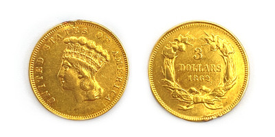  Low Mintage 1862 Indian Princess Head $3.00 Gold Piece