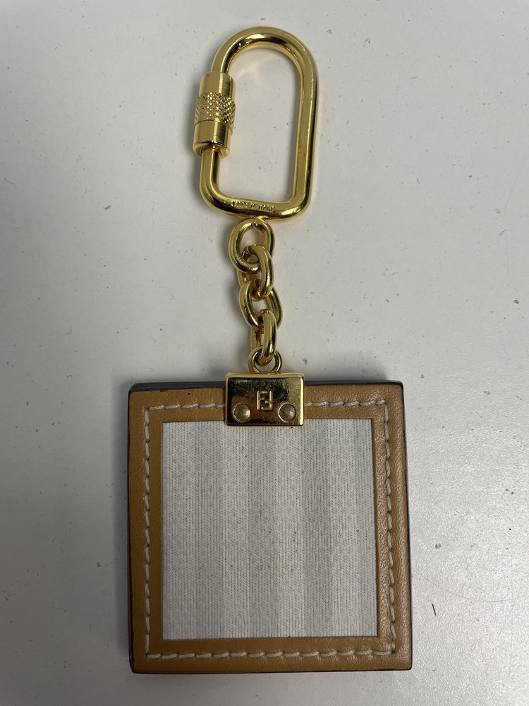 FENDI Vintage 2 Signature Logos Square Key Holder Charm Khaki /Brown