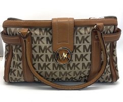 Michael Kors Leather Trim Shoulder Bag Purse Vintage MK Logo Print