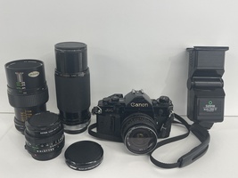 Canon A1 35MM Film Camera W/Sunpak flash, Tiffen 62mm lens, Kiron 80-200mm lens