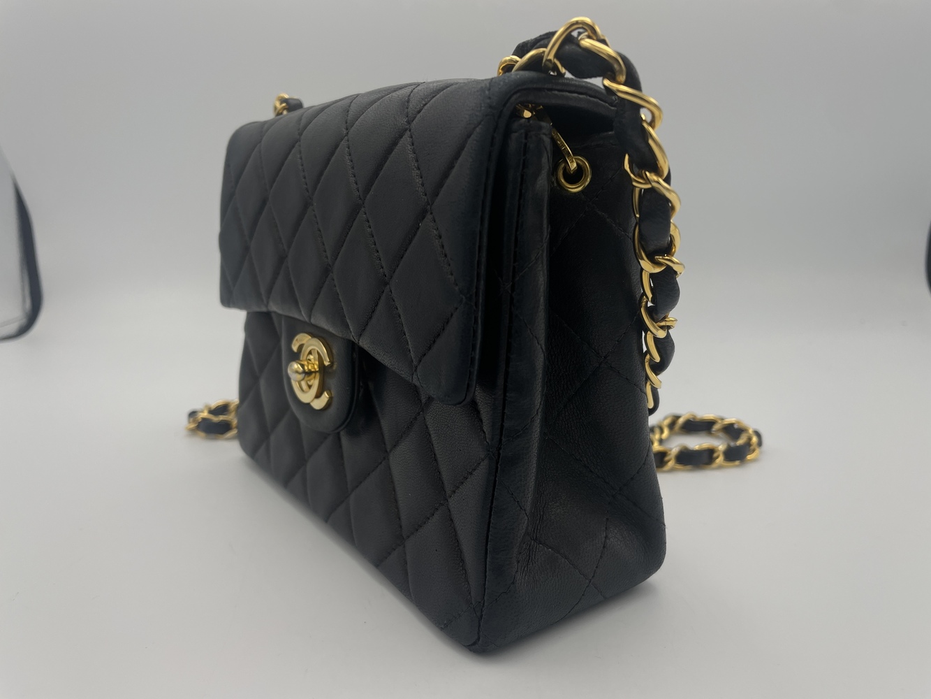 Chanel Classic Flap Mini Square Chain Shoulder Bag Black Leather 
