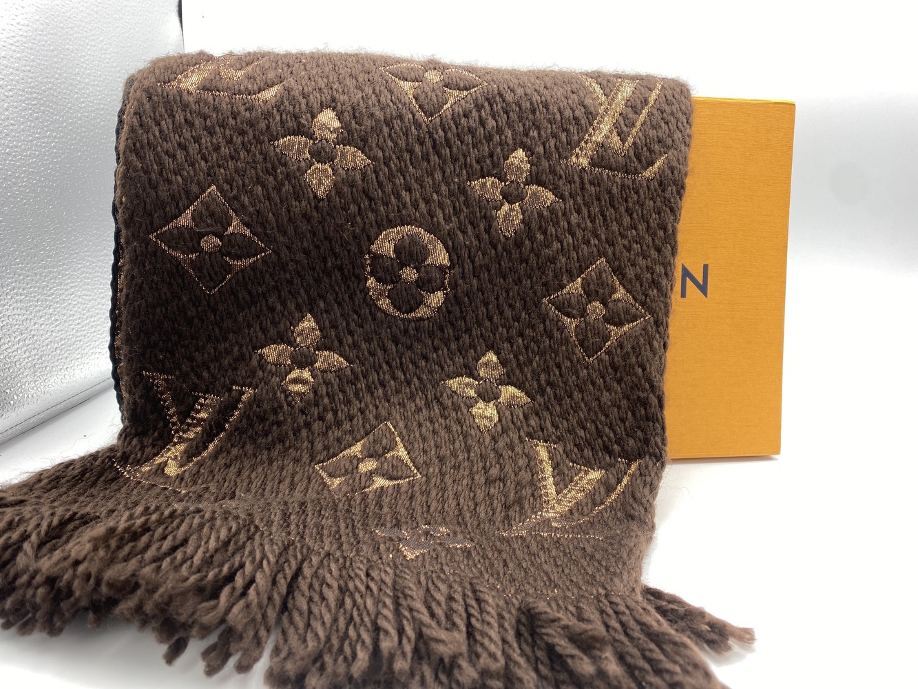 Louis Vuitton Brown and Gold Monogram Logomania Shine Scarf (Like New), Apparel in Brown/Gold