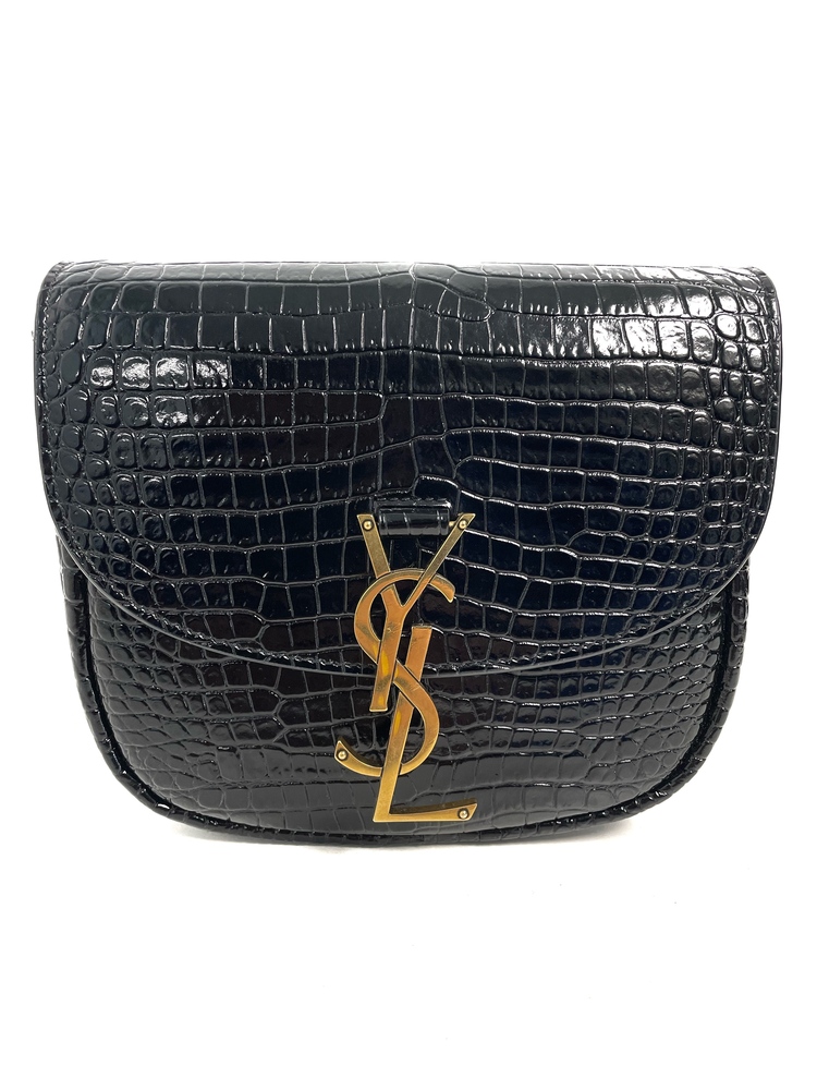 Saint Laurent Kaia Croc Embossed Leather Crossbody Bag in Black