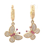 14KT Yellow Gold CZ & Red Stone Butterfly Earrings