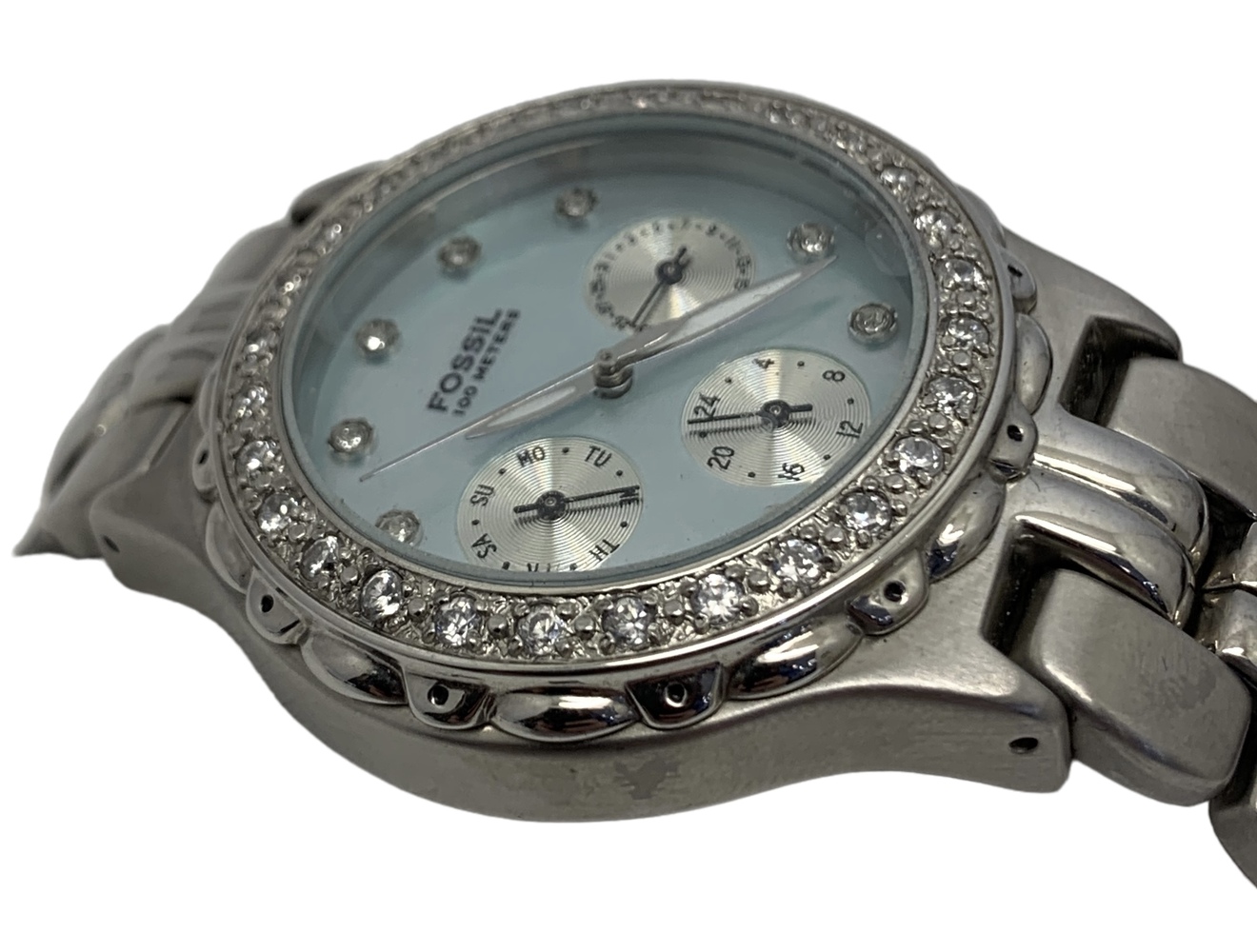 Fossil Blue Crystal Stainless Steel Back Wrist Watch BQ 9111