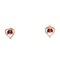  10kt Yellow Gold CZ and Red Stone Heart Earrings 