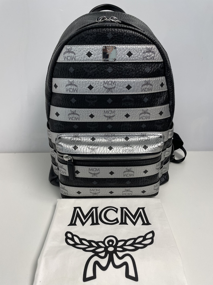MCM Large Spot Visetos Black and Silver Coated Canvas Leather Backpack