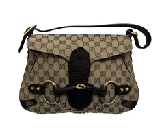 Monogram Brown Beige Gucci Horse bit Flap Bag Ebony chain Purse Bag