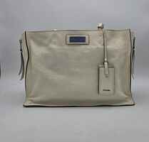 Prada Etiquette Tote Bag in Cream Leather with Black Trim