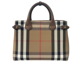 Burberry Banner Medium Tote Shoulder Bag Check Canvas Tan