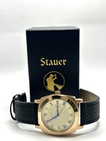 Stauer Gold Tone Watch 50476 Black Leather Strap Date