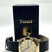 Stauer Gold Tone Watch 50476 Black Leather Strap Date