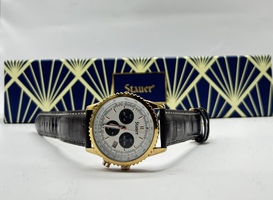 Stauer Men’s Chronograph Watch - Gold Bezel, Brown Leather Strap, Swiss Made