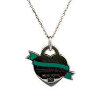 Tiffany Co. Blue Enameled Banner Heart Tag Pendant With Chain & W/Box & Pouch