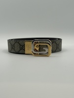 Gucci Brown Monogram Canvas And  And Leather Reversible Gold GG Buckle Belt