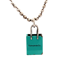 Tiffany & Co. Silver Blue Enamel Shopping Bag Charm W/Bead Necklace 