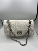 Balenciaga Monaco Puffy Quilted Leather Shoulder Bag White Silver Chain BB Logo