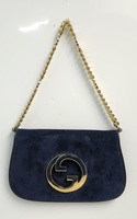 Gucci Blondie Small Shoulder Bag Suede Navy Blue w/ Gold GG Chain