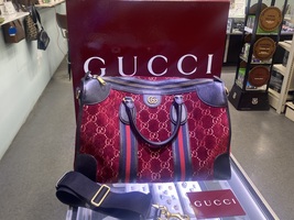 Gucci  Velvet GG Monogram Textured Calfskin Web Medium Duffle Red Cipria Black