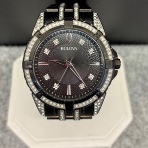 Bulova Crystal Men's Quartz Cystals Stainless Steel Black Watch 42MM 98K109