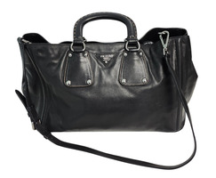 Prada Vitello Leather Satchel Tote Bag Black Beige Interior Style 113